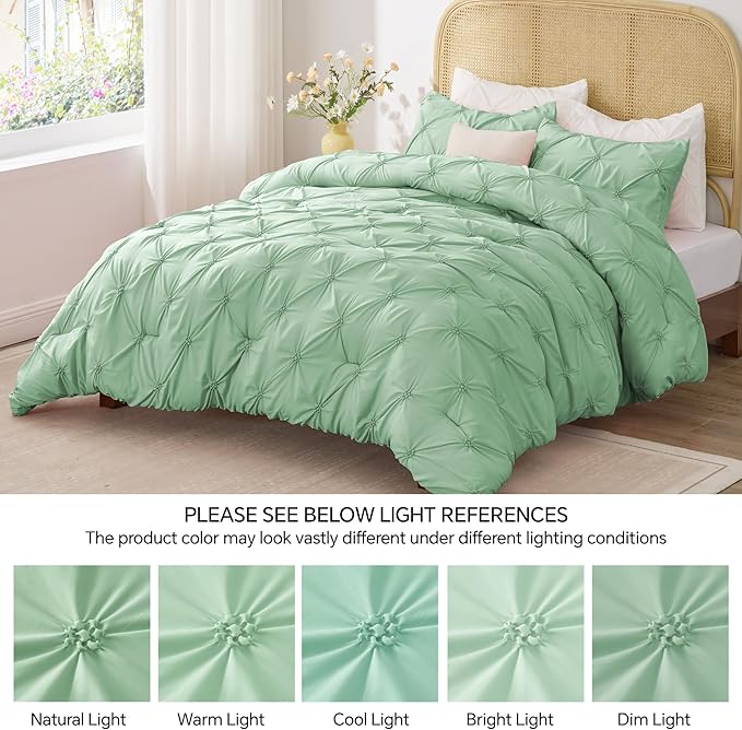BEDELITE Green Twin Comforter Set for Girls - 2 Peices Boho Pintuck Bedding Comforter Sets, Lightweight Soft & Warm Twin Bedding Sets with 1 Pillowcase for All Season - LeafyLoom