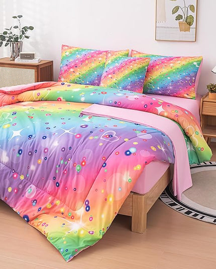 Full Size Comforter Sets for Girls, Kids Bedding Sets for Girls, Rainbow Comforter Full, 6 Pcs Bed in a Bag Girls (1Comforter, 1Flat Sheet, 1Fitted Sheet, 1 Pillow Cover, 2Pillowcases) - LeafyLoom