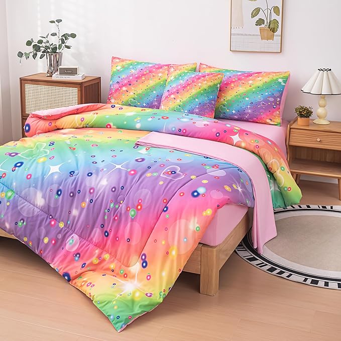 Full Size Comforter Sets for Girls, Kids Bedding Sets for Girls, Rainbow Comforter Full, 6 Pcs Bed in a Bag Girls (1Comforter, 1Flat Sheet, 1Fitted Sheet, 1 Pillow Cover, 2Pillowcases) - LeafyLoom