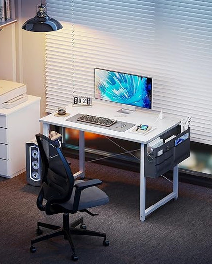KKL Small Desk with Power Outlets and USB Port Computer Desk for Home Office Gaming Simple Modern Style Writing Desks with Storage Bag Headphone Hook, 32 inch, White - LeafyLoom