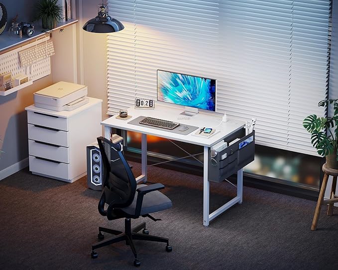 KKL Small Desk with Power Outlets and USB Port Computer Desk for Home Office Gaming Simple Modern Style Writing Desks with Storage Bag Headphone Hook, 32 inch, White - LeafyLoom