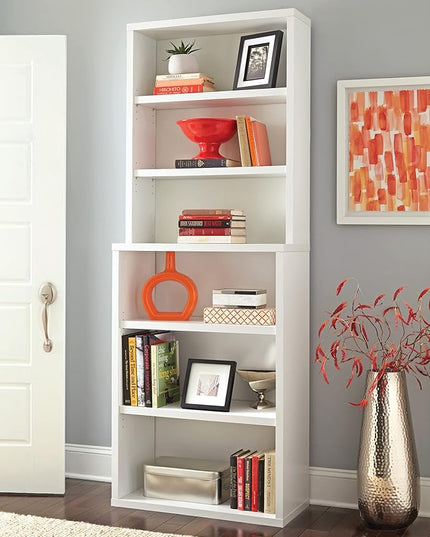 ClosetMaid Bookshelf with 6 Shelf Tiers, Adjustable Shelves, Tall Bookcase Hutch, Sturdy Wood With Closed Back Panel, White Finish - LeafyLoom
