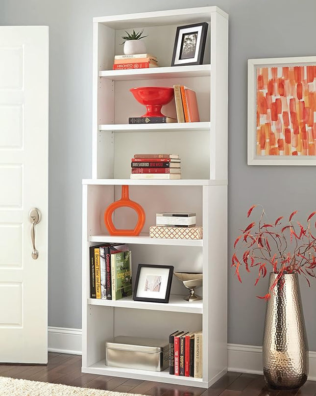 ClosetMaid Bookshelf with 6 Shelf Tiers, Adjustable Shelves, Tall Bookcase Hutch, Sturdy Wood With Closed Back Panel, White Finish - LeafyLoom
