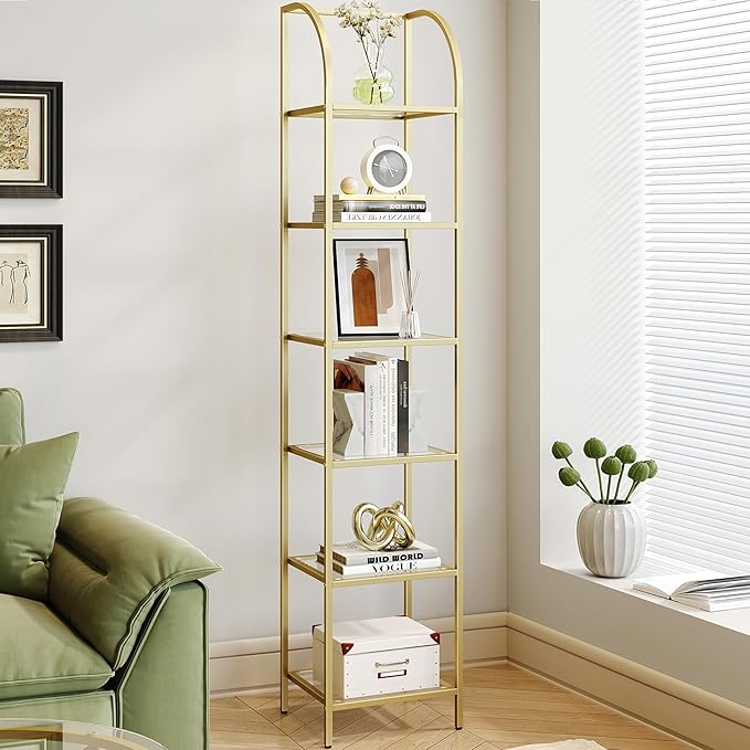 Bookcase Bookshelf, Tempered Glass Arched Bookshelf for More Storage, Slim Shelving Unit for Bedroom, Bathroom, Home Office, Steel Frame, 6 Tier Gold BC20699G - LeafyLoom