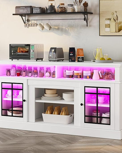 YITAHOME Farmhouse Sideboard Buffet Cabinet with LED Light, 65'' Large Kitchen Cabinet w/Storage, Tempered Glass Doors, Adjustable Shelf, 32'' Tall Coffee Bar Table for Living Room, Dining Room, White - LeafyLoom