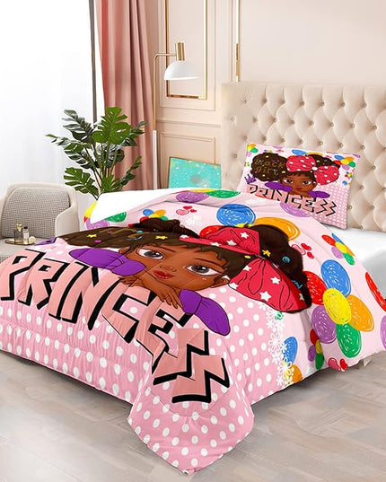 Black Girls Twin Bedding Sets for Girls-Black Girls Twin Comforter Set for Girls, Black Girls Bedding Sets Twin, Pink Princess Twin Bedding Sets for Girls, Twin (1 Comforter 1 Pillowcases) - LeafyLoom