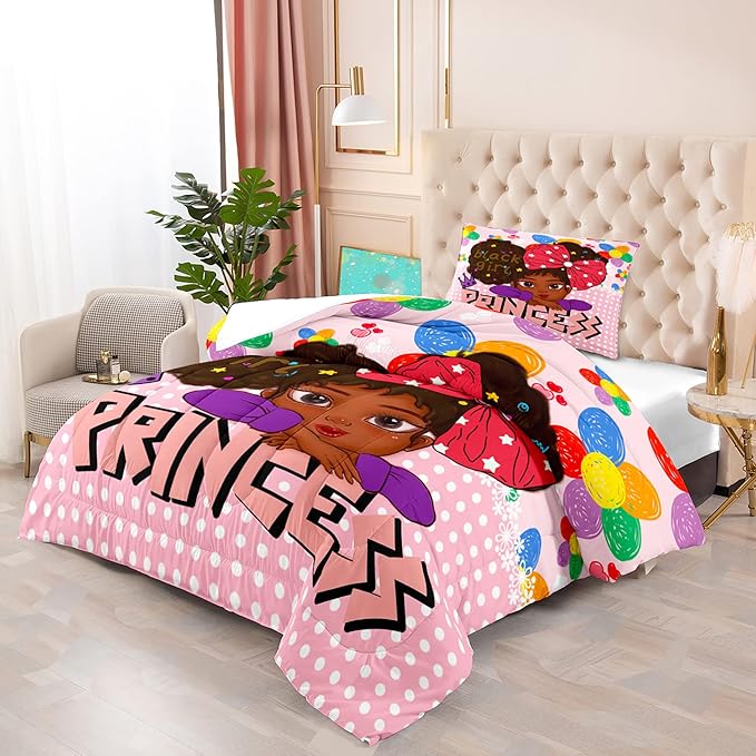 Black Girls Twin Bedding Sets for Girls-Black Girls Twin Comforter Set for Girls, Black Girls Bedding Sets Twin, Pink Princess Twin Bedding Sets for Girls, Twin (1 Comforter 1 Pillowcases) - LeafyLoom