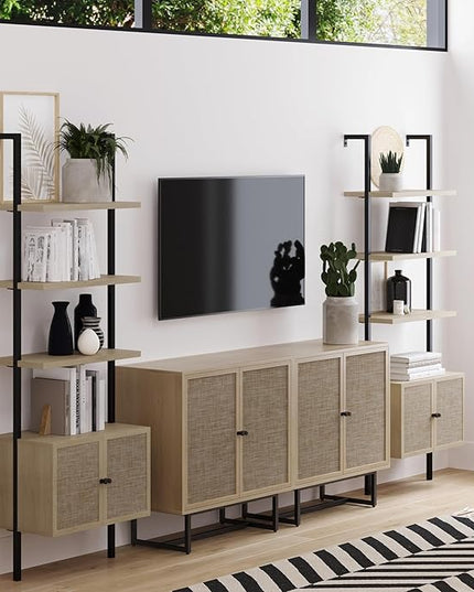 Nathan James Theo Ladder 3 tier Open Bookshelf with Rattan Drawers and Matte Steel Frame, Light Oak/Black - LeafyLoom