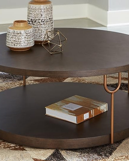Signature Design by Ashley Brazburn Contemporary Round 42" Coffee Table, Metallic & Brown Finish - LeafyLoom