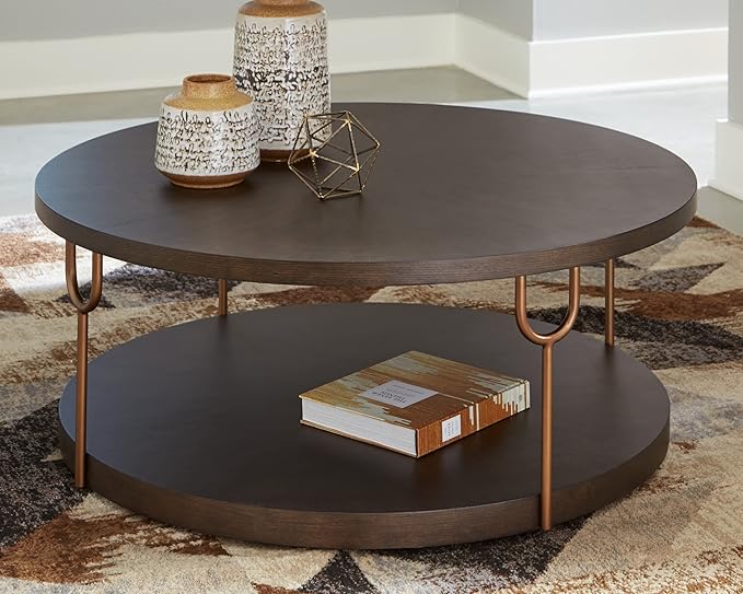 Signature Design by Ashley Brazburn Contemporary Round 42" Coffee Table, Metallic & Brown Finish - LeafyLoom