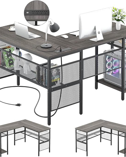 Unikito L Shaped Desk, Reversible Corner Computer Desks with Power Outlet and USB Charging Port, L- Shaped Office Desk with Storage Shelf and Under Bookshelf, Modern 2 Person Long Table, Enoch Walnut - LeafyLoom
