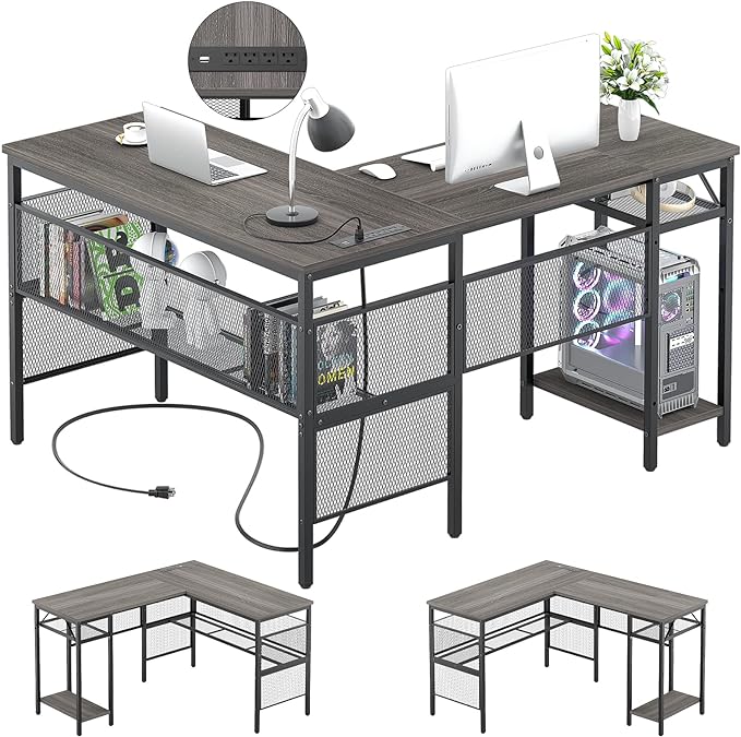 Unikito L Shaped Desk, Reversible Corner Computer Desks with Power Outlet and USB Charging Port, L- Shaped Office Desk with Storage Shelf and Under Bookshelf, Modern 2 Person Long Table, Enoch Walnut - LeafyLoom