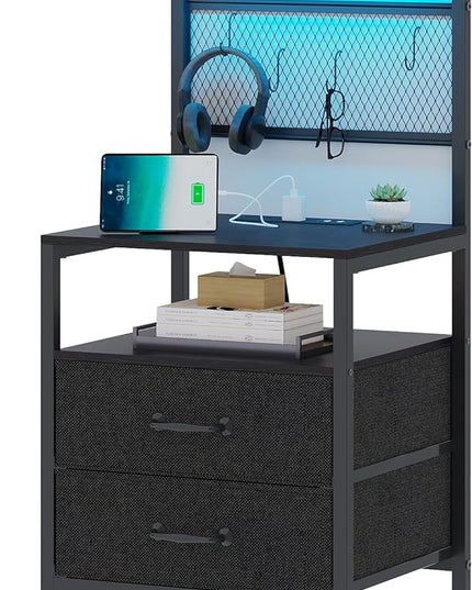 Tall Nightstand with Charging Station and LED Lights, Night Stand with Fabric Drawers, Bedside Table 36.4 Inch with Storage Shelves, Side Table, Mesh Shelves with Metal Hooks, Black - LeafyLoom