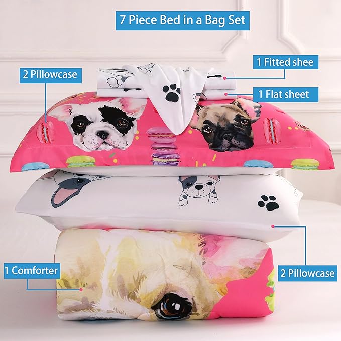 7 Piece Dog Comforter Set Full Size for Kids Cute 3D French Bulldog Dogs Bedding Bed in A Bag for Teens Boys Girls All Season Watercolor Pink Animal Themed Comforter - LeafyLoom