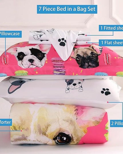 7 Piece Dog Comforter Set Twin Size for Kids Cute 3D French Bulldog Dogs Bedding Bed in A Bag for Teens Boys Girls All Season Watercolor Pink Animal Themed Comforter - LeafyLoom