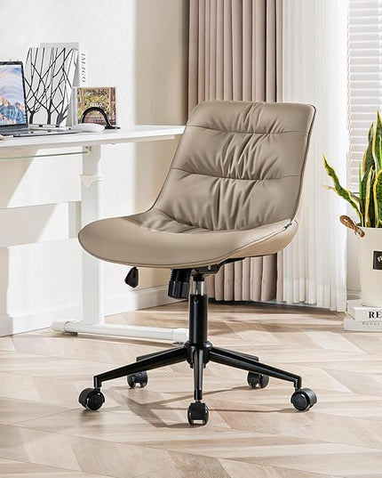 Kidol & Shellder Armless Office Chair Desk Chair Comfy Makeup Vanity Chair with Back Ergonomic Swivel Chair Home Office Desk Chairs with Wheels Rolling Computer Chair Bedroom Accent Chair(Khaki) - LeafyLoom