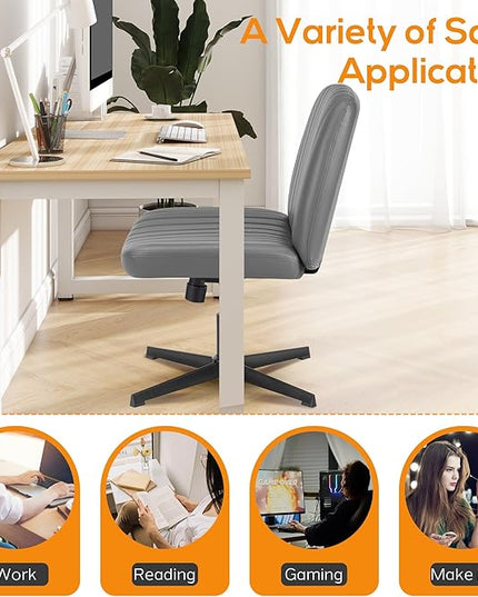 Criss Cross Chair, Cross Legged Office Chair, Wide Comfty Desk Chair, No Wheels Armless Computer Task Chair, Swivel Vanity Home Chair, Height Adjustable - LeafyLoom