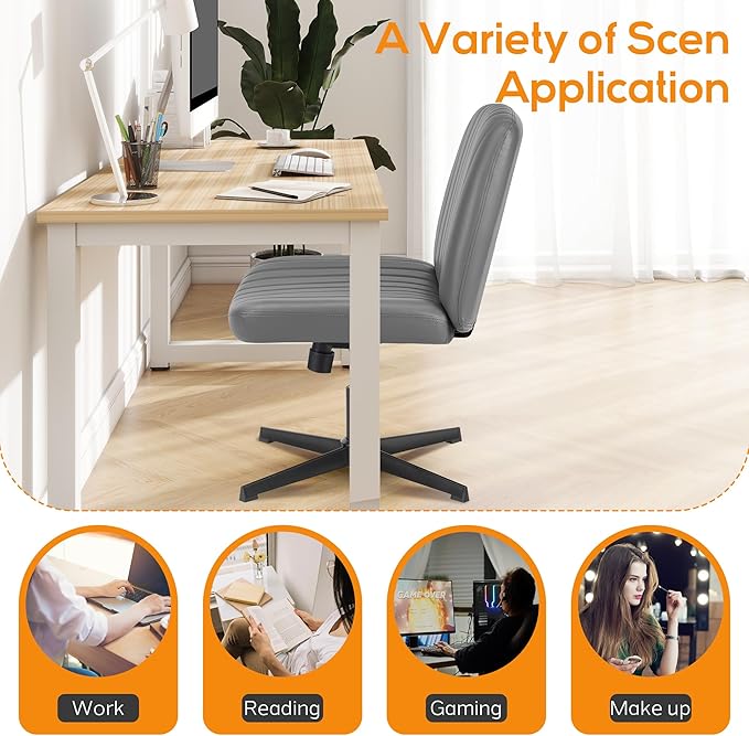 Criss Cross Chair, Cross Legged Office Chair, Wide Comfty Desk Chair, No Wheels Armless Computer Task Chair, Swivel Vanity Home Chair, Height Adjustable - LeafyLoom