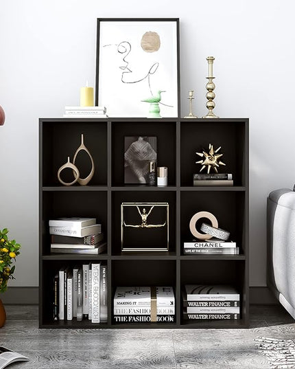 9-Cube Storage Shelf Bookcase - Wooden 3-Tier Free Standing Open Bookshelf for Home and Office, Organizer Cabinet in Black - LeafyLoom
