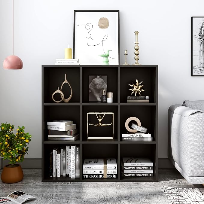 9-Cube Storage Shelf Bookcase - Wooden 3-Tier Free Standing Open Bookshelf for Home and Office, Organizer Cabinet in Black - LeafyLoom