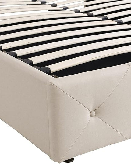 Queen Upholstered Platform Hydraulic System, Lift Up Storage Bed Full Size with Headboard and Button Tufted, Wooden Bedframe for Teens Adults, Beige - LeafyLoom