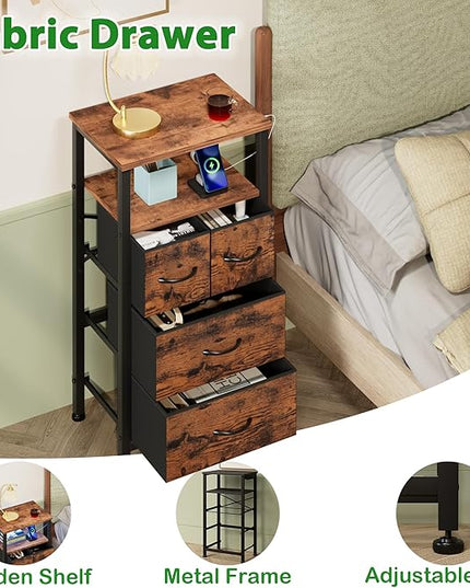 Furnulem 4 Drawer Night Stand with Charging Station, Small Dresser with Led Light, 33 Inch Bedside Table with Wood Shelf and Fabric Bins, Tall Nightstand for Entryway, Bedroom Furniture, Rustic Brown - LeafyLoom