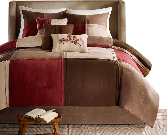 Madison Park Cozy Comforter Set Casual Design All Season, Matching Bed Skirt, Decorative Pillows, California King (104 in x 92 in), Jackson Blocks Red/Brown, 7 Piece - LeafyLoom