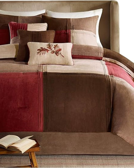 Madison Park Cozy Comforter Set Casual Design All Season, Matching Bed Skirt, Decorative Pillows, Queen (90 in x 90 in), Jackson Blocks Red/Brown, 7 Piece - LeafyLoom