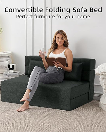 Convertible Folding Sofa Bed - Sleeper Chair with Pillow, Modern Linen Fabric Floor & Futon Couch, Foldable Mattress for Living Room/Dorm/Guest Use/Home Office/Apartment, Queen Size, Dark Gray - LeafyLoom