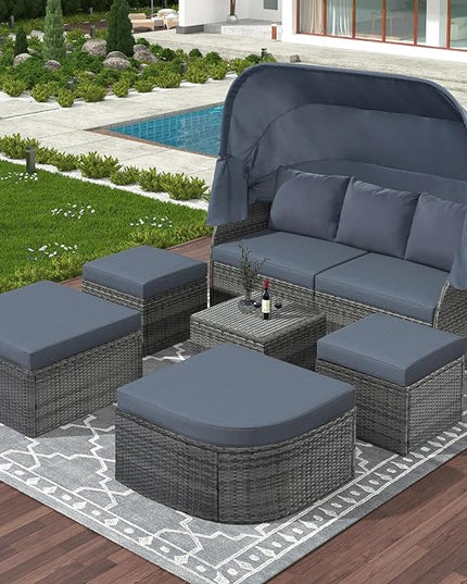 Rectangle Furniture Daybed Sunbed with Retractable Canopy, Outdoor Wicker Conversation Set with Cushions for Patio, Backyard, Porch, Garden, Hc-Gray - LeafyLoom
