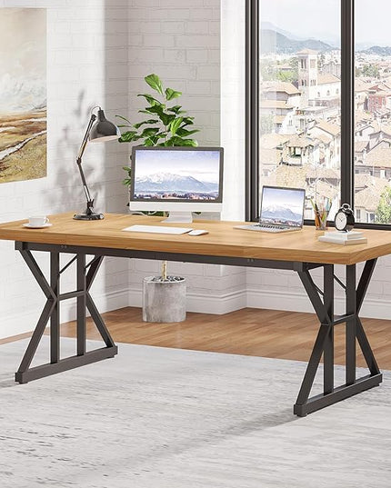 70.8-Inch Large Executive Desk, Modern Computer Office Desk, Wooden Writing Desk Study Table for Home Office - LeafyLoom
