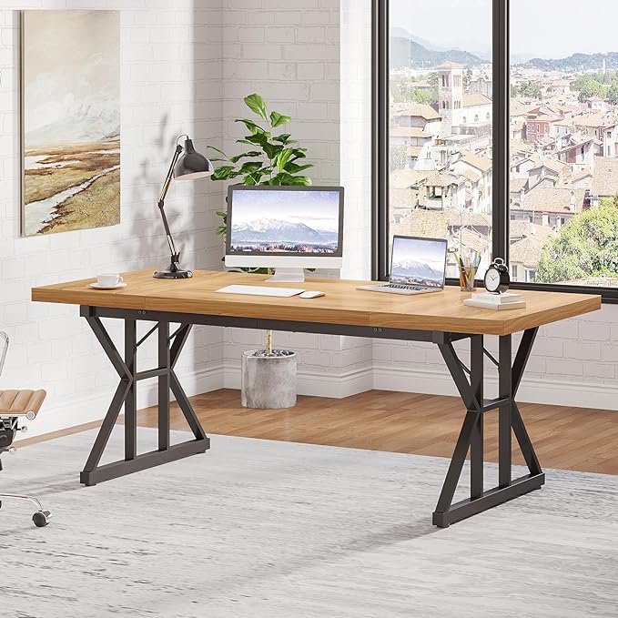 70.8-Inch Large Executive Desk, Modern Computer Office Desk, Wooden Writing Desk Study Table for Home Office - LeafyLoom