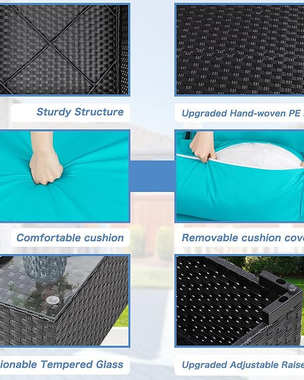 Shintenchi 7 Pieces Outdoor Patio Sectional Sofa Couch, Black PE Wicker Furniture Conversation Sets with Washable Cushions & Glass Coffee Table for Garden, Poolside, Backyard (Blue) - LeafyLoom