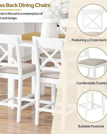NicBex Dining Table for 4 Small Kitchen Table Set for 4 Solid Wood Farmhouse Counter Height Dining Table Set with 3-Tier Storage Shelves, Upholstered Dining Chairs for 4, Natural+White - LeafyLoom