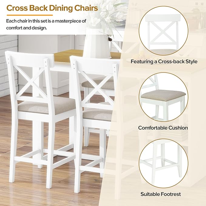 NicBex Dining Table for 4 Small Kitchen Table Set for 4 Solid Wood Farmhouse Counter Height Dining Table Set with 3-Tier Storage Shelves, Upholstered Dining Chairs for 4, Natural+White - LeafyLoom