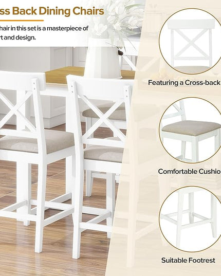 Farmhouse Counter Height 3-Tier Storage Shelves, Solid Wood w/4 Upholstered Chairs, Easy Assembly, for Kitchen, Room, Natural+White, 5 Piece Dining Table Set - LeafyLoom