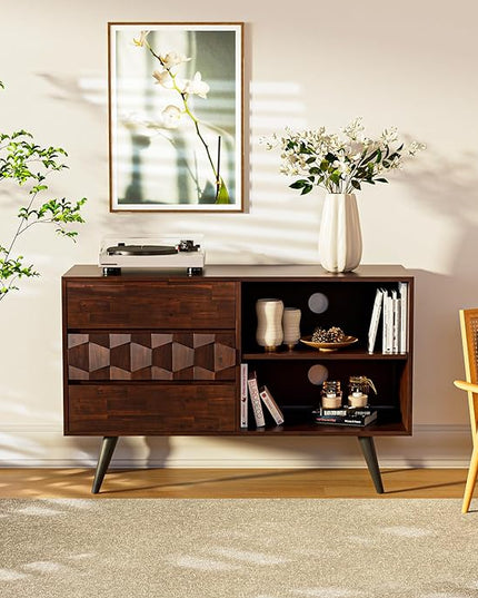 Bme Georgina 45 Inch Solid Wood TV Stand, Under 10 Minutes Assembly Entertainment Center with Storage, Geometric Pattern TV Console for Living Room, Bedroom, Dinning Room - Walnut - LeafyLoom