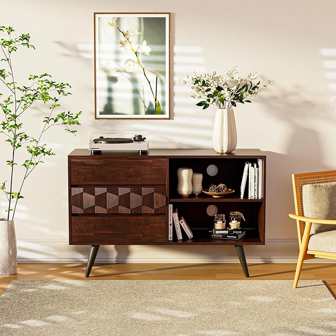 Bme Georgina 45 Inch Solid Wood TV Stand, Under 10 Minutes Assembly Entertainment Center with Storage, Geometric Pattern TV Console for Living Room, Bedroom, Dinning Room - Walnut - LeafyLoom