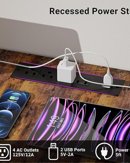 Reversible L Shaped Gaming Desk with Magic Power Outlets, 55 Inch Large Corner Computer Desk, Sturdy Home Office Table with Storage Shelf, Attractive Grid Design Writing Desk, Rustic Brown - LeafyLoom