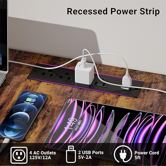 Reversible L Shaped Gaming Desk with Magic Power Outlets, 55 Inch Large Corner Computer Desk, Sturdy Home Office Table with Storage Shelf, Attractive Grid Design Writing Desk, Rustic Brown - LeafyLoom