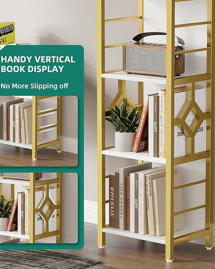 YITAHOME Narrow Bookshelf, 5-Tier White and Gold Book Shelf Storage Rack, Display Shelves Stand Etagere for Small Spaces, Open Bookcase for Bedroom Living Room Bathroom Kitchen, Gold - LeafyLoom