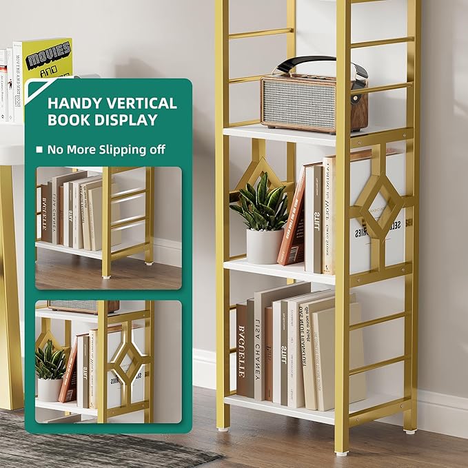 YITAHOME Narrow Bookshelf, 5-Tier White and Gold Book Shelf Storage Rack, Display Shelves Stand Etagere for Small Spaces, Open Bookcase for Bedroom Living Room Bathroom Kitchen, Gold - LeafyLoom