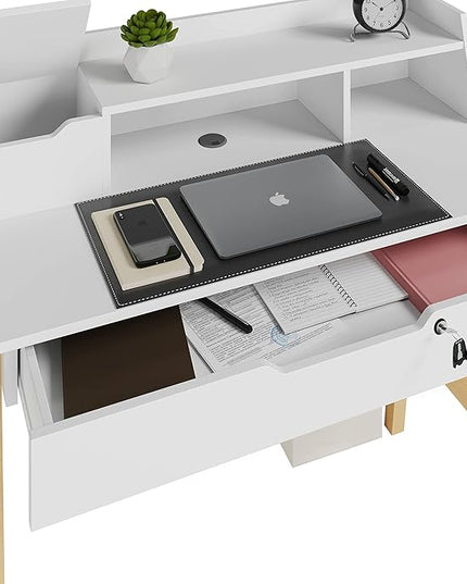 Roma Writing Desk - Elegant Wood Study Desk With Storage, Cable Holes & Drawers - Work Table for Home, Office, Dorm, Small Spaces - Compact Black Desk, 40x19x36.9” (white) - LeafyLoom