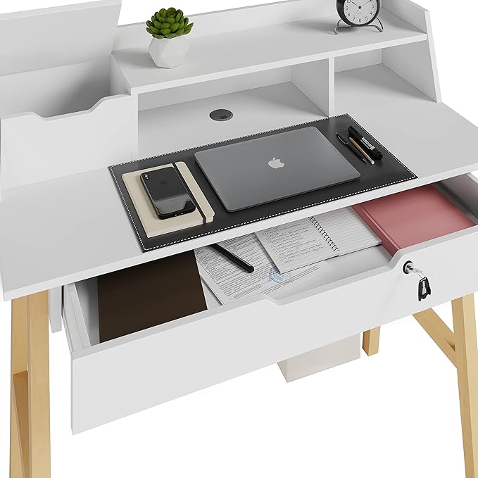 Roma Writing Desk - Elegant Wood Study Desk With Storage, Cable Holes & Drawers - Work Table for Home, Office, Dorm, Small Spaces - Compact Black Desk, 40x19x36.9” (white) - LeafyLoom