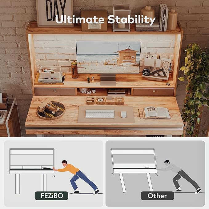 FEZIBO 55 x 27.5 Inches Electric Standing Desk with Open Shelf&LED Strip, Adjustable Height Sit Stand Up Desks with 4 Drawers, Ergonomic Workstation，Light Rustic - LeafyLoom