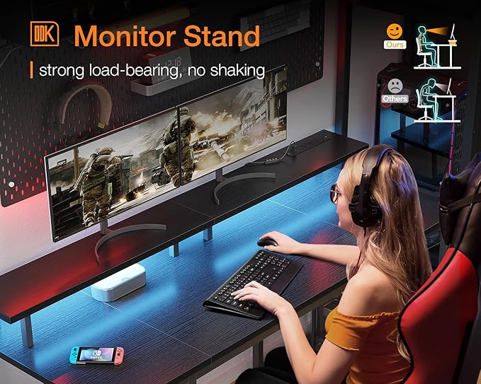 ODK 55 inch Gaming Desk with LED Lights & Power Outlets, Computer Desk with Monitor Stand & Storage Sheves, CPU Stand, Home Office Desk, Black - LeafyLoom