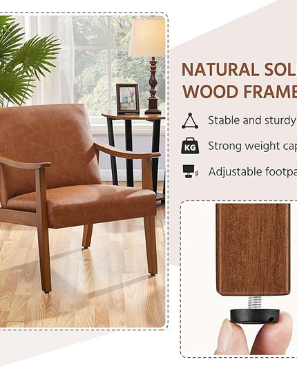 Yaheetech PU Leather Accent Chair, Mid-Century Modern Armchair with Solid Wood Legs, Reading Leisure Chair with High Back for Living Room Bedroom Waiting Room, Light Brown - LeafyLoom