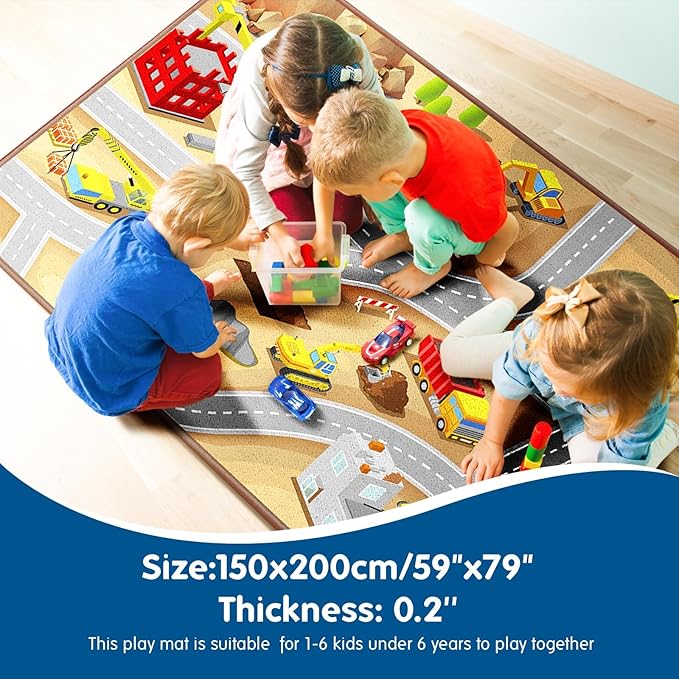 Booooom Jackson Car Construction Rug for Kids,Non Slip Kids Rug,Construction Truck Play Mat,Construction Site Rug,Durable Fun Playtime Kids Car Play Rug,Toddler Car Mat,Excavator Rugs for Playroom - LeafyLoom