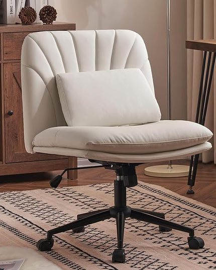 Criss Cross Chair Armless Office Chair Desk Chair with Wheels Pu Leather Cross Legged Office Chair, Wide Desk Chairs Computer Chair Swivel Vanity Chair with Lumbar Cushion for Home & Office - LeafyLoom
