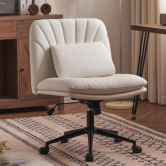 Criss Cross Chair Armless Office Chair Desk Chair with Wheels Pu Leather Cross Legged Office Chair, Wide Desk Chairs Computer Chair Swivel Vanity Chair with Lumbar Cushion for Home & Office - LeafyLoom